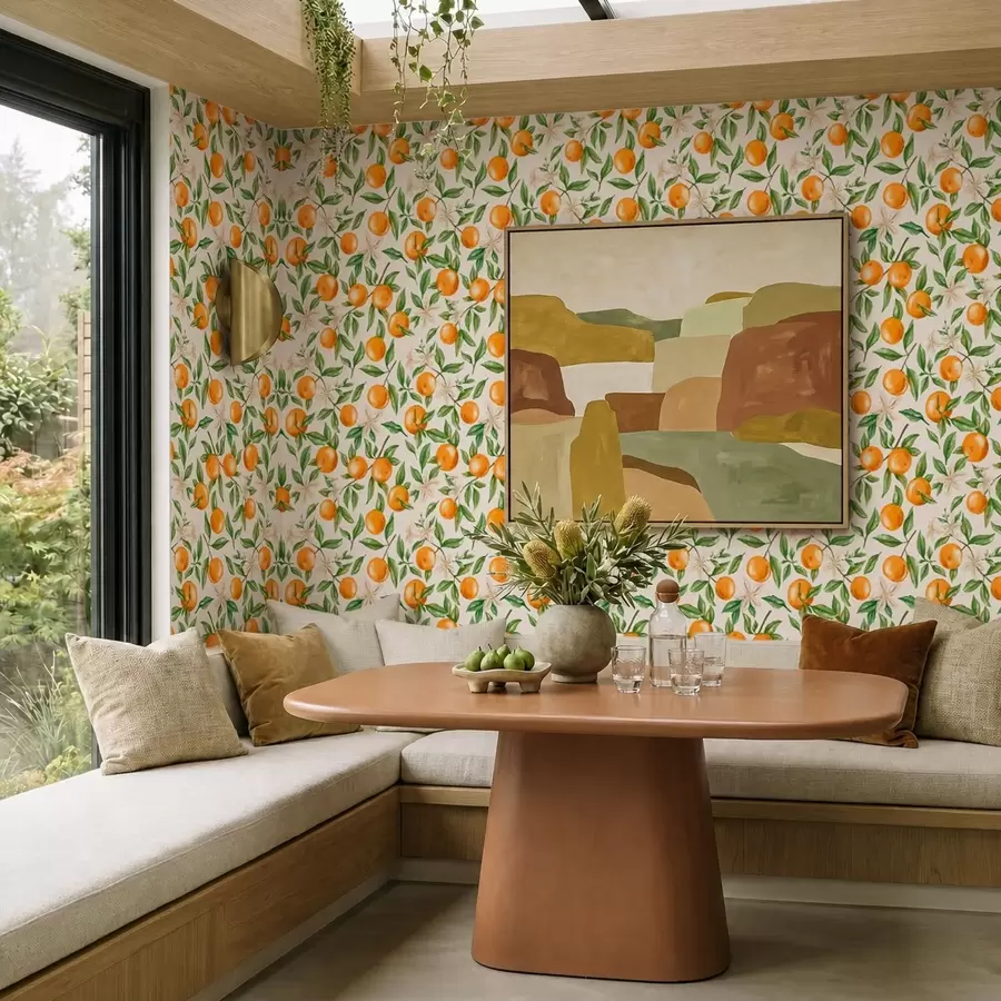 wall murals Поморанџе, зелено лишће и бело цвеће на светлој позадини a01262v1