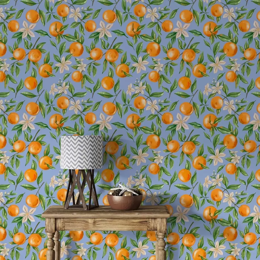 wall murals Поморанџе, зелено лишће и бело цвеће на плавој позадини a01262v2