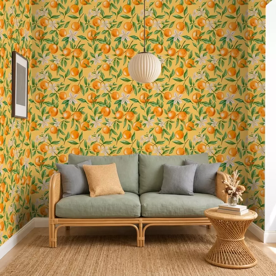 wall murals Поморанџе, зелено лишће и бело цвеће на жутој позадини a01262v4