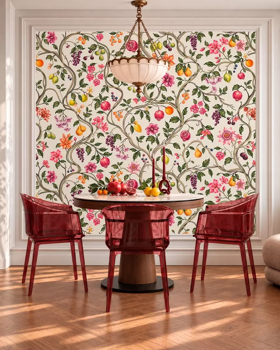 wall murals Увијене гране са цвећем, плодовима и зеленим листовима w05862