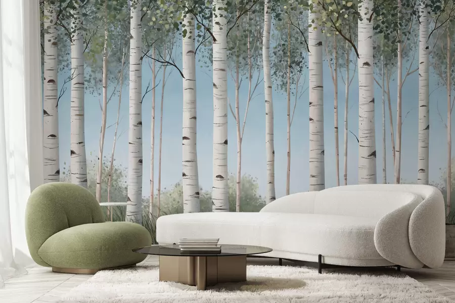 wall murals Брезов гај са белим стаблима насупрот плавом небу, акварел стил w10047