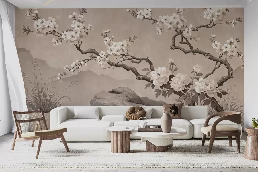 wall murals Грана цветајуће трешње преко стена у светлим беж тоновима, оријентални стил сликања w10052