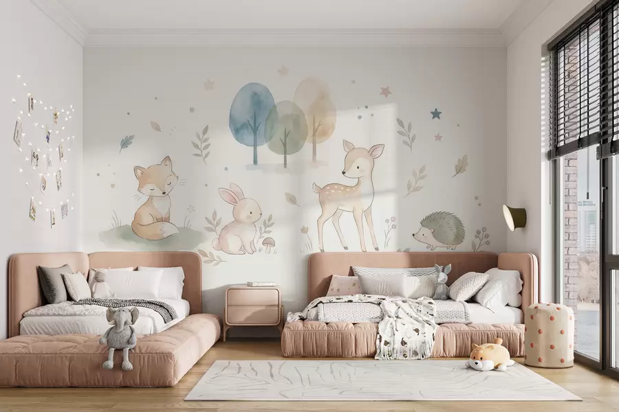 wall murals Шумске животиње: лисица, зека, јеленче, јеж у акварел стилу w10068