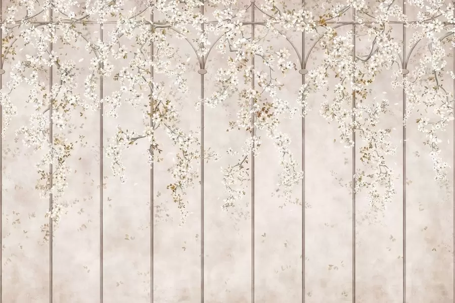 wall murals Цветајуће беле гране на декоративној решетки w05923
