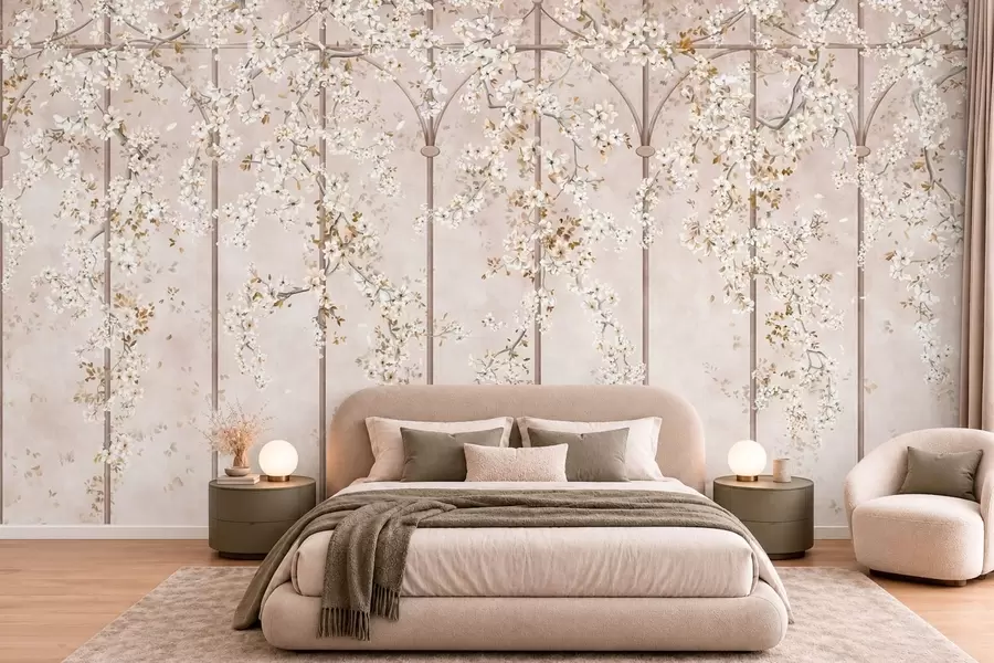 wall murals Цветајуће беле гране на декоративној решетки w05923