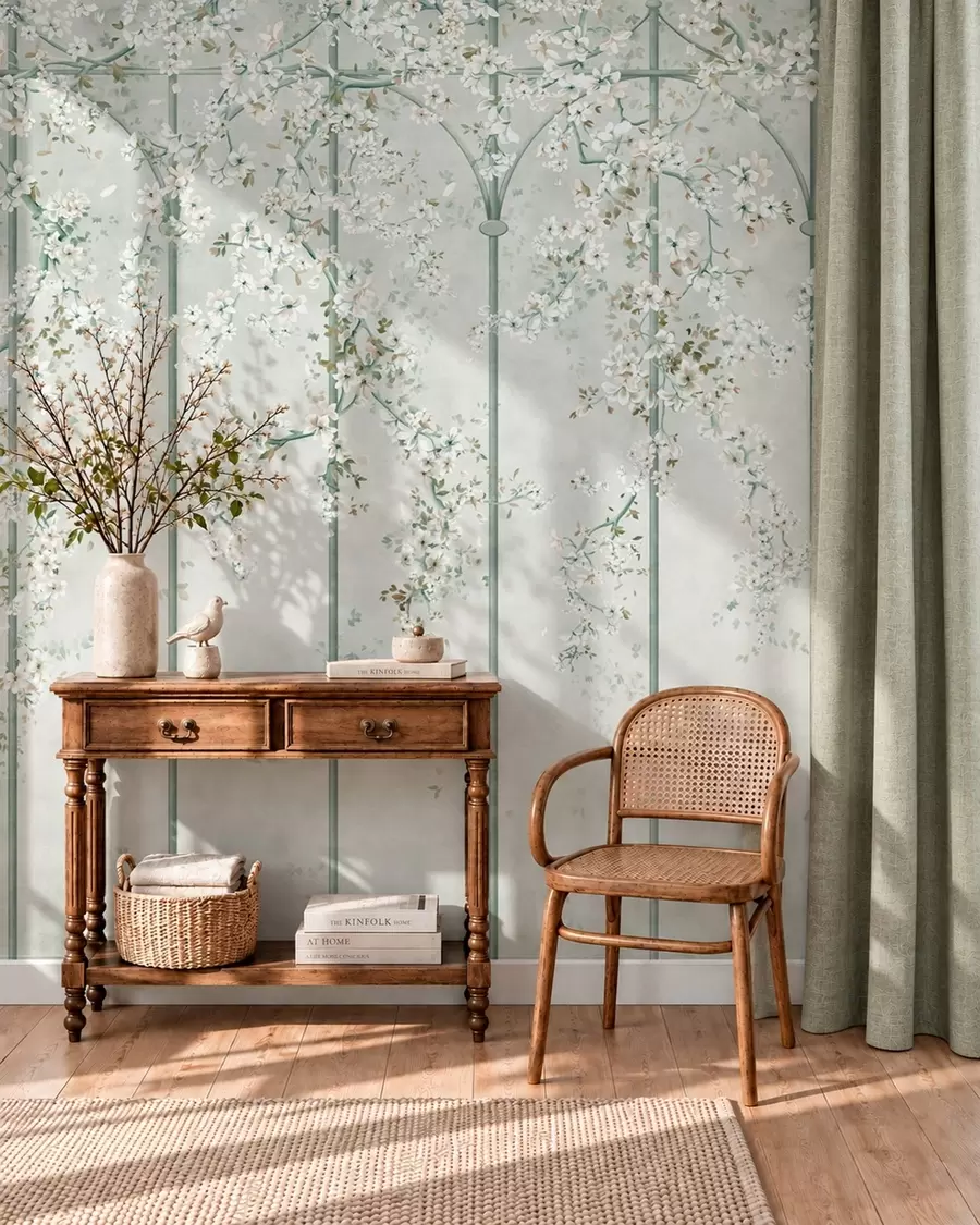 wall murals Беле цветне гране на зеленој декоративној решетки w05923v2