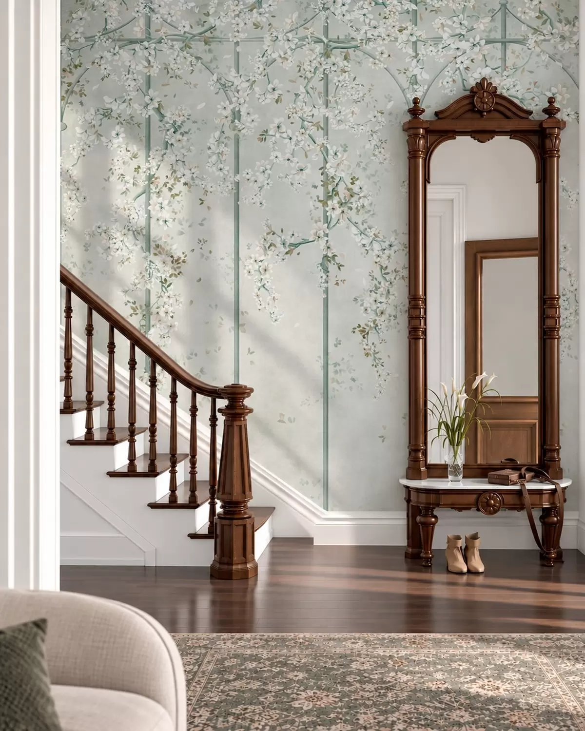 wall murals Беле цветне гране на зеленој декоративној решетки w05923v2