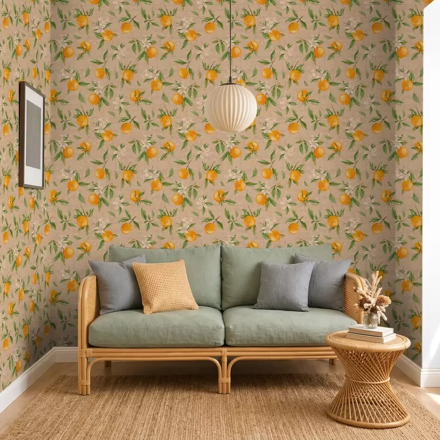wall murals Поморанџе, зелено лишће и бело цвеће a01264