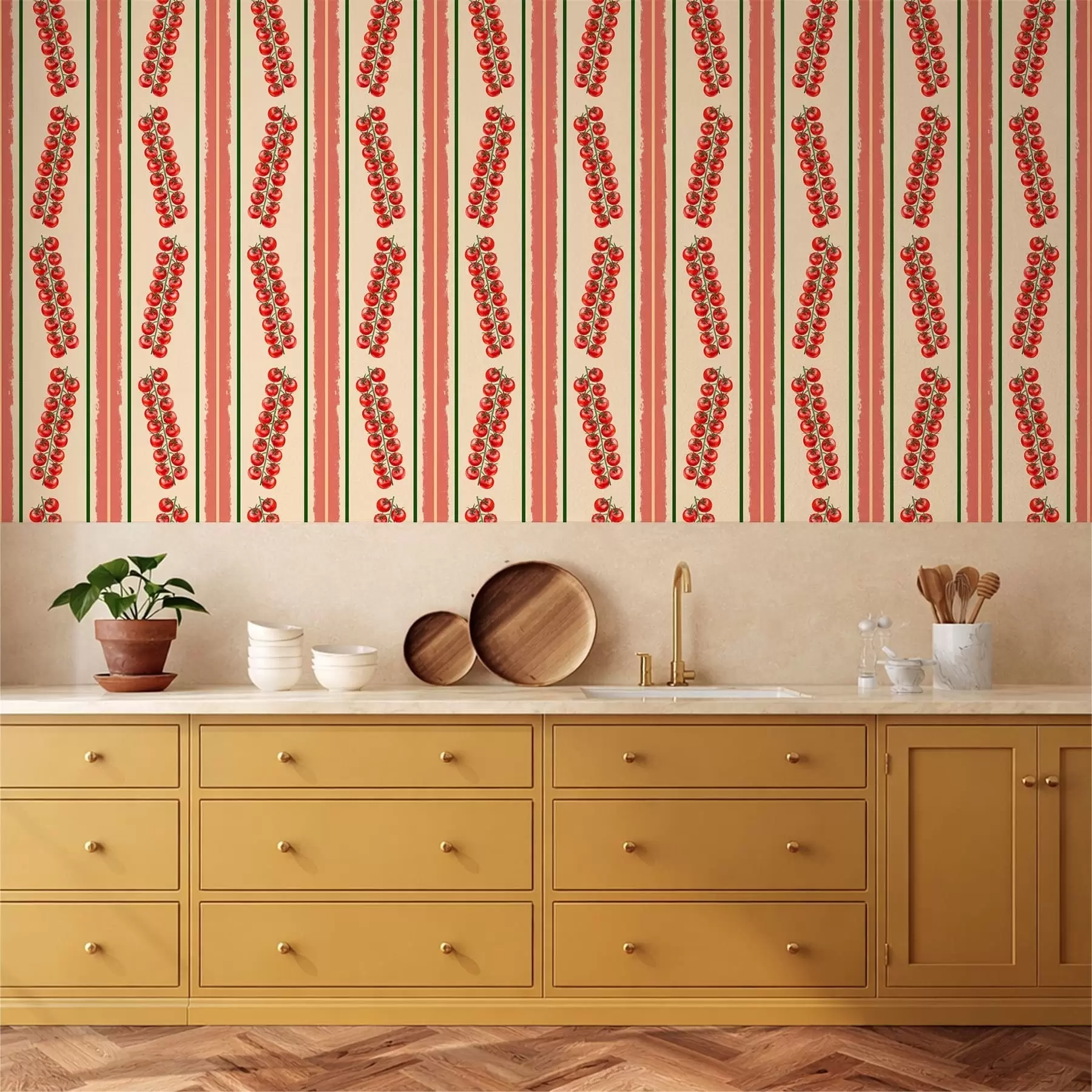 wall murals Црвени гроздови парадајза међу вертикалним пругама a01266