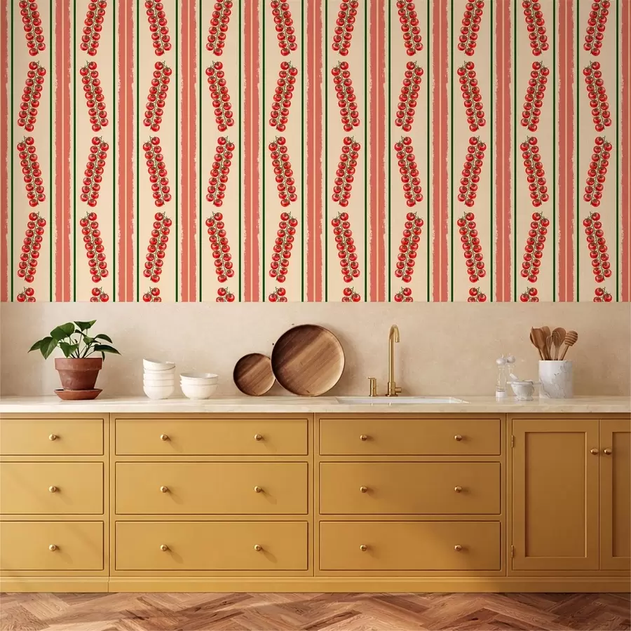 wall murals Црвени гроздови парадајза међу вертикалним пругама a01266