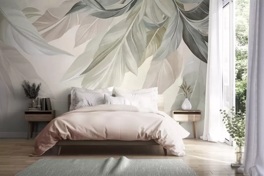 wall murals Тропско, велико, пригушено зелено, беж и ружичасто лишће, светла, текстурирана позадина w10054
