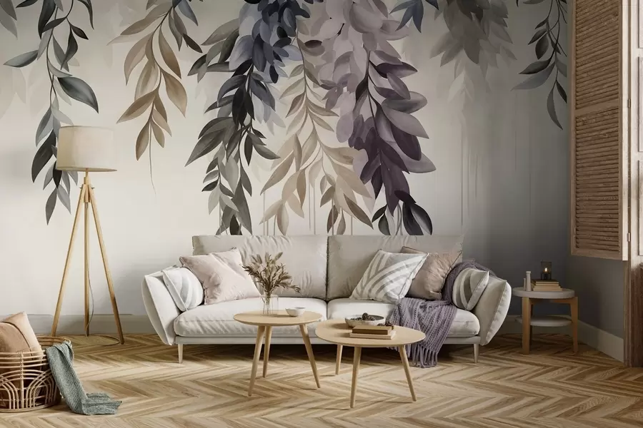 wall murals Висеће апстрактно лишће у нијансама љубичасте, плаве и беж, са дугим, танким стабљикама w10057