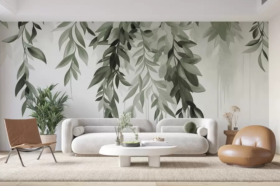 wall murals Висеће апстрактно лишће у нијансама зелене, са дугим, танким стабљикама w10057v2