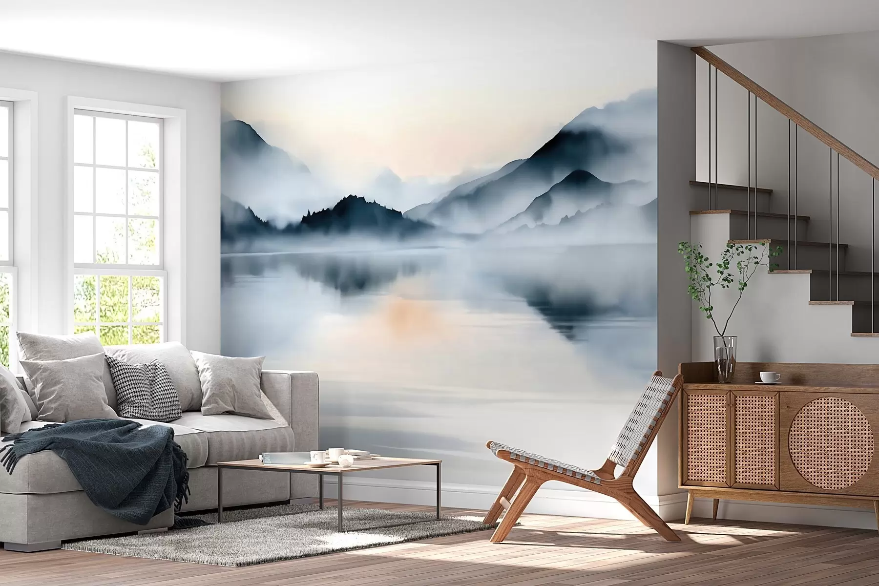 wall murals Језеро смештено уз позадину магловитих планина, у акварелном стилу w10078