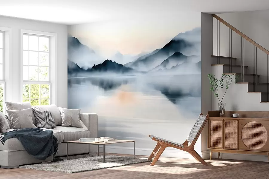 wall murals Језеро смештено уз позадину магловитих планина, у акварелном стилу w10078