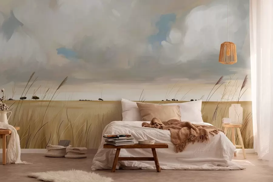 wall murals Панорамски поглед на огромно жуто поље траве под облачним небом w10079