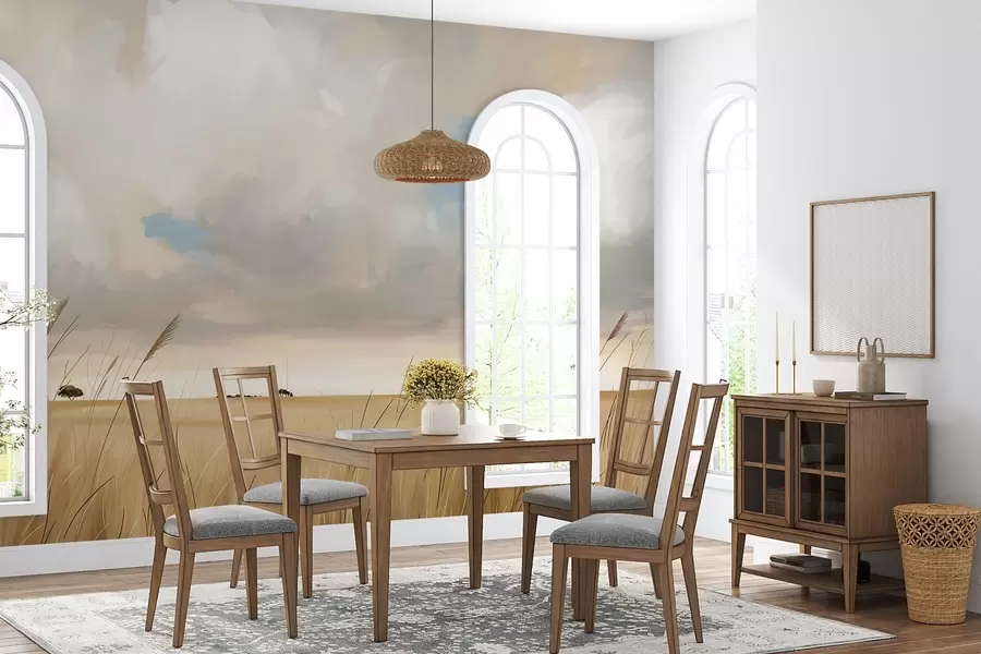 wall murals Панорамски поглед на огромно жуто поље траве под облачним небом w10079