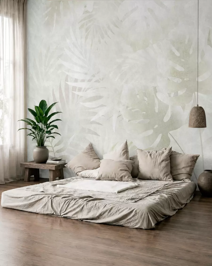 wall murals Тропско лишће са гранџ ефектом у неутралним беж тоновима w10080v1