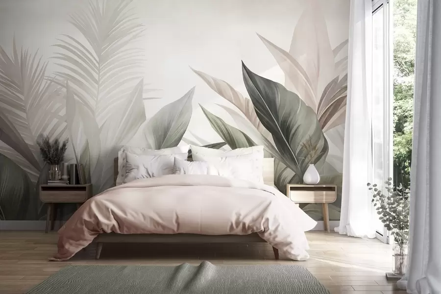 wall murals Тропско лишће у нијансама зелене и ружичасте, текстурирано и велико, модерна уметност w10055