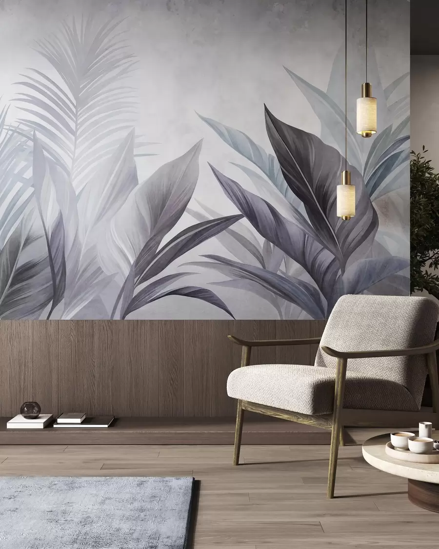 wall murals Тропско лишће у нијансама плаве и сиве, текстурирано и велико, модерна уметност w10055v1