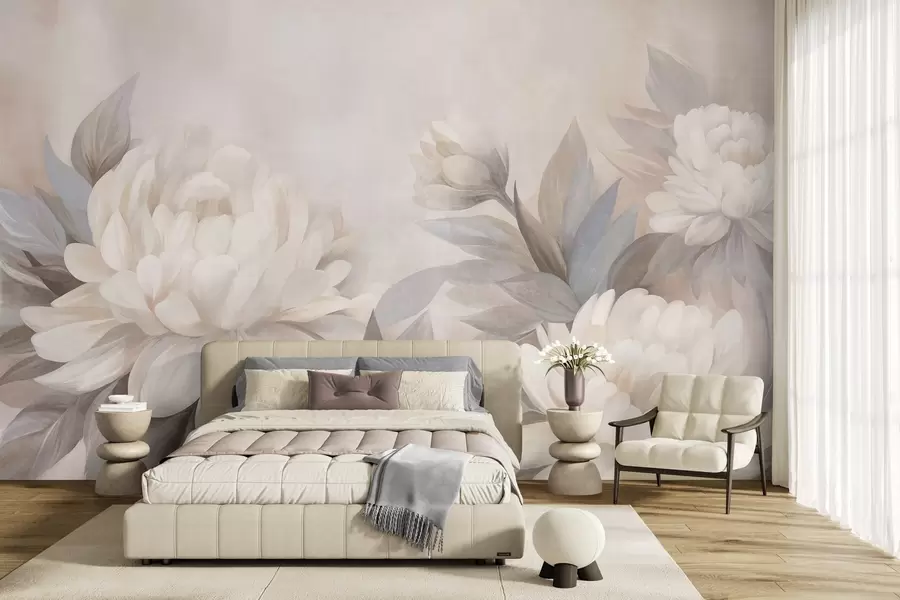 wall murals Текстурирани божури са пригушеним листовима, мека пастелна позадина w10061