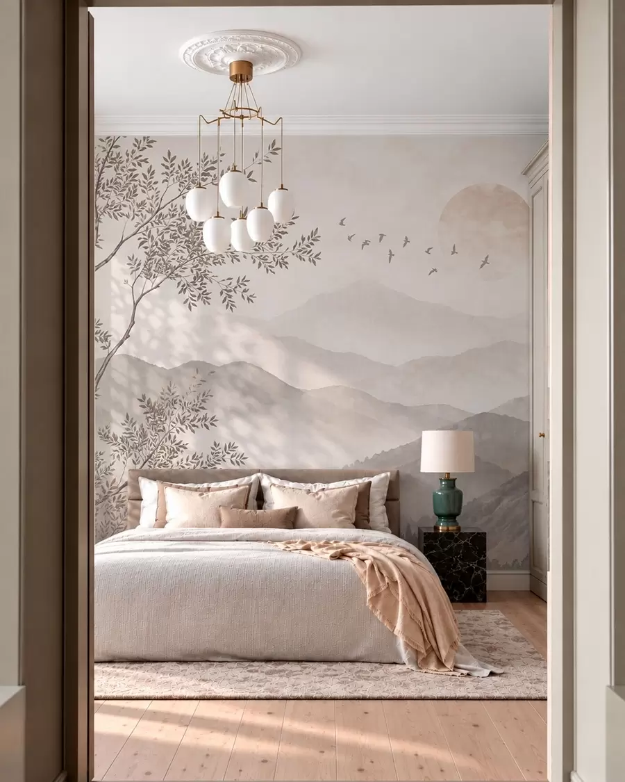 wall murals Магловите планине са дрветом, птицама и сунцем w05924v1