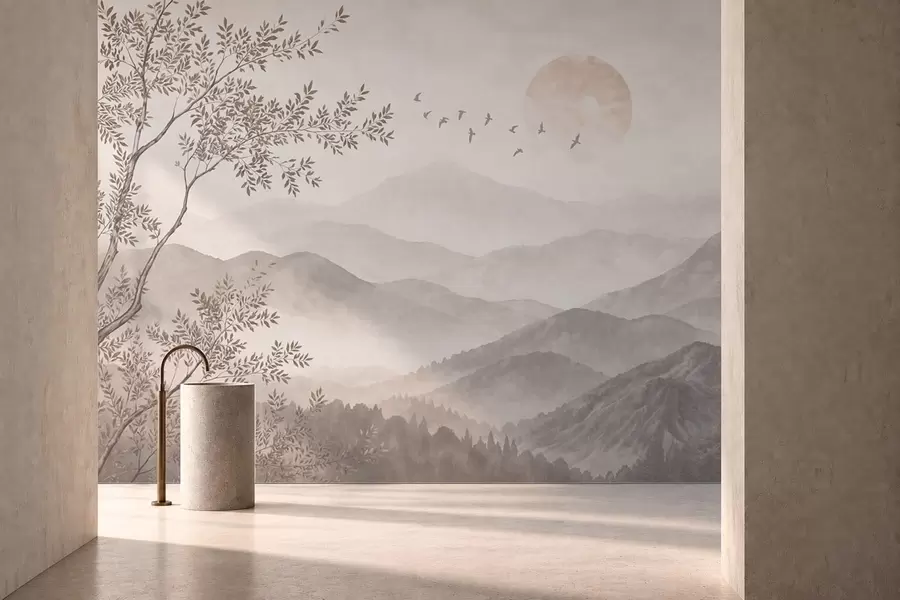 wall murals Магловите планине са дрветом, птицама и сунцем w05924v1