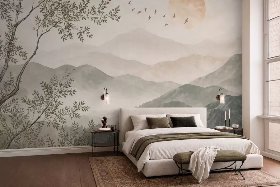 wall murals Планински пејзаж са дрветом, птицама и сунцем w05924