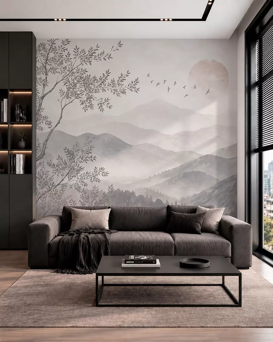 wall murals Бледи планински пејзаж са дрветом и птицама w05924v2