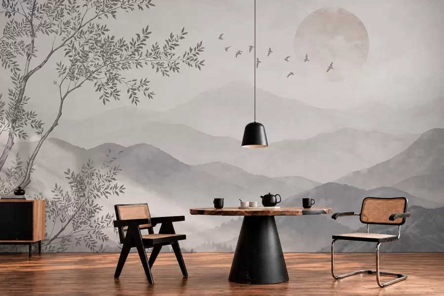 wall murals Бледи планински пејзаж са дрветом и птицама w05924v2
