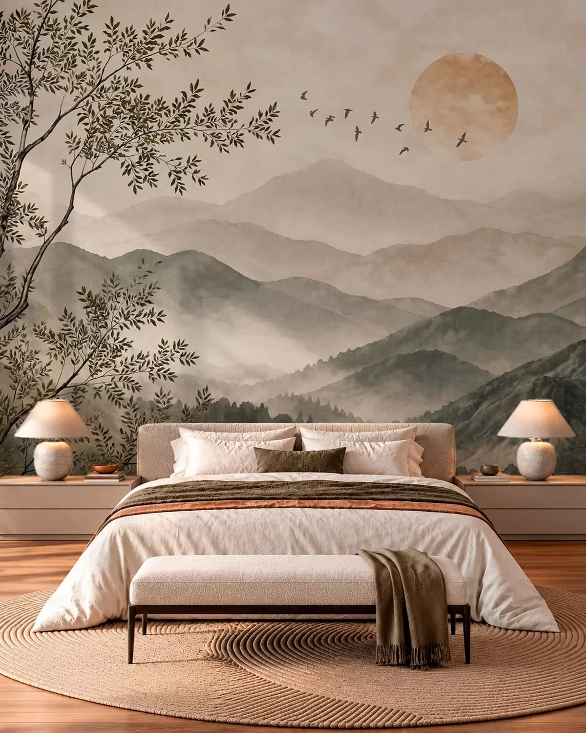 wall murals Планински гребени са дрветом, птицама и сунцем w05924v3