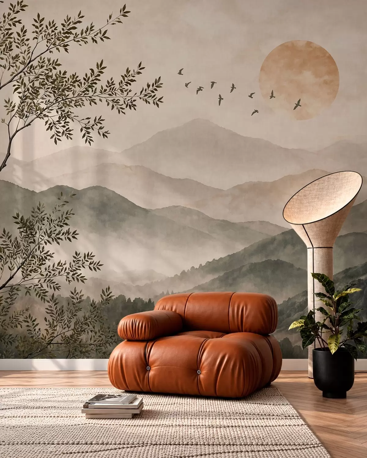wall murals Планински гребени са дрветом, птицама и сунцем w05924v3