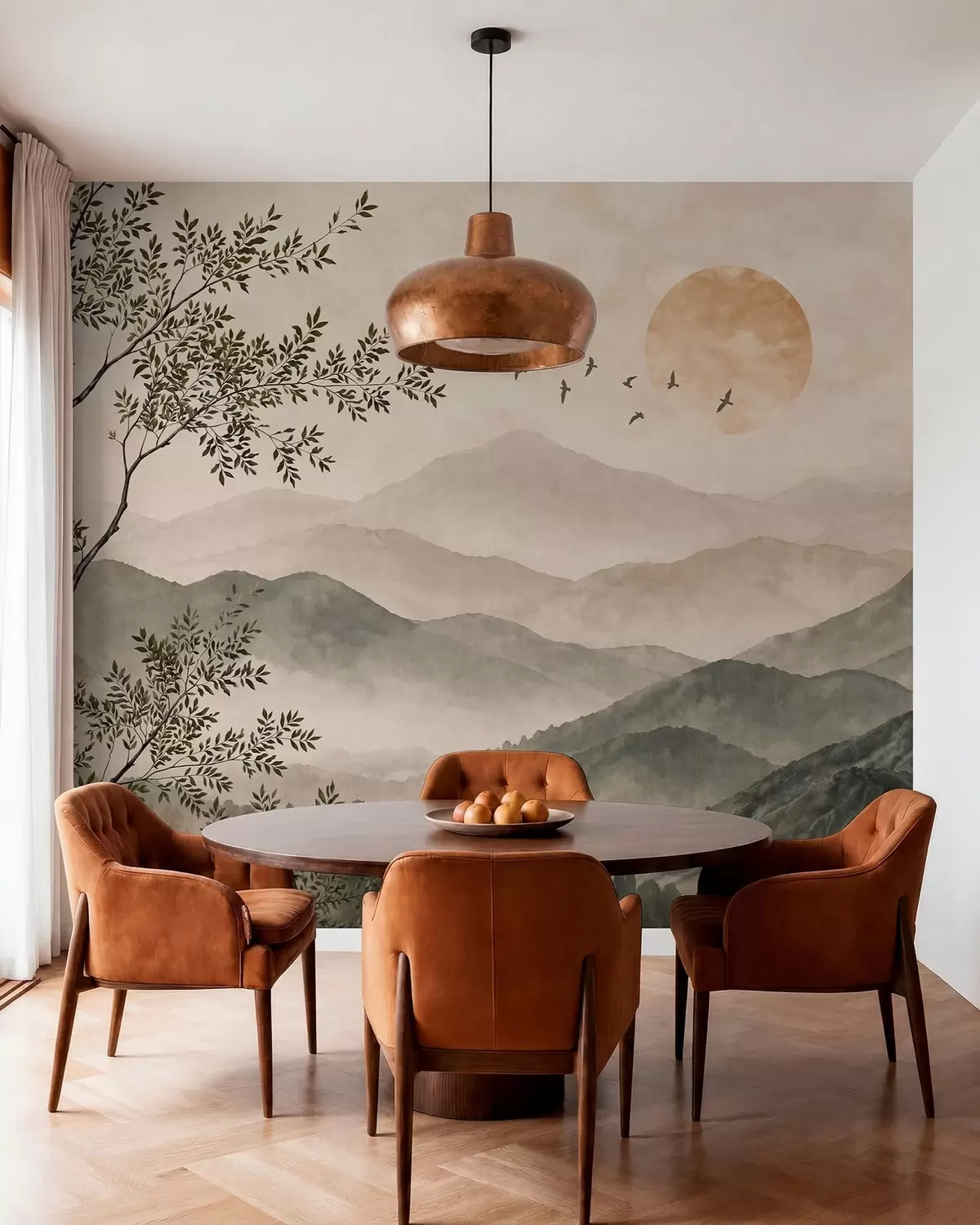 wall murals Планински гребени са дрветом, птицама и сунцем w05924v3