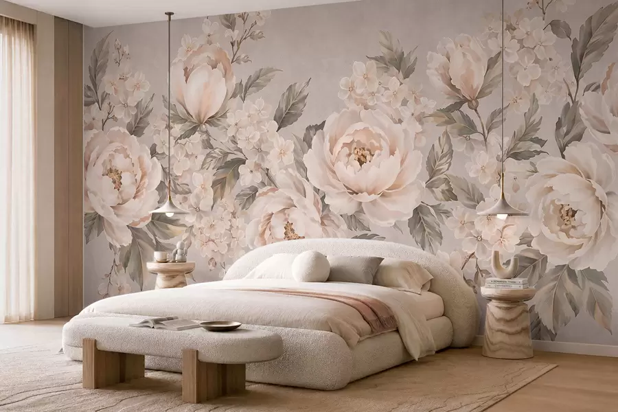wall murals Нежно кремасто цвеће и зелено лишће у пастелној палети w05926
