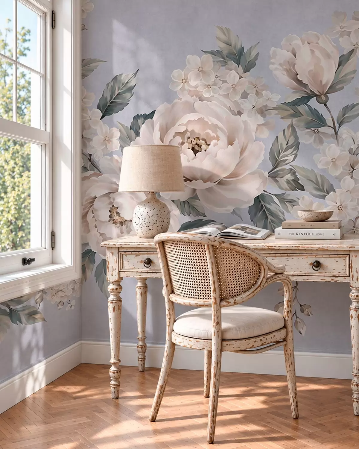 wall murals Нежно бледо цвеће са листовима на плавој позадини w05926v1