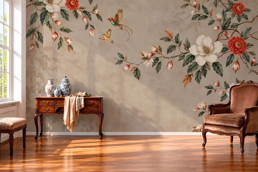 wall murals Цвеће, зелено лишће и две птице на светлој позадини w05927v1