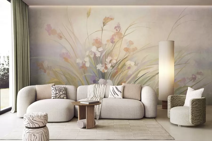 wall murals Висока трава и дивље цвеће у меким пастелним бојама, текстурирана уметност w10062