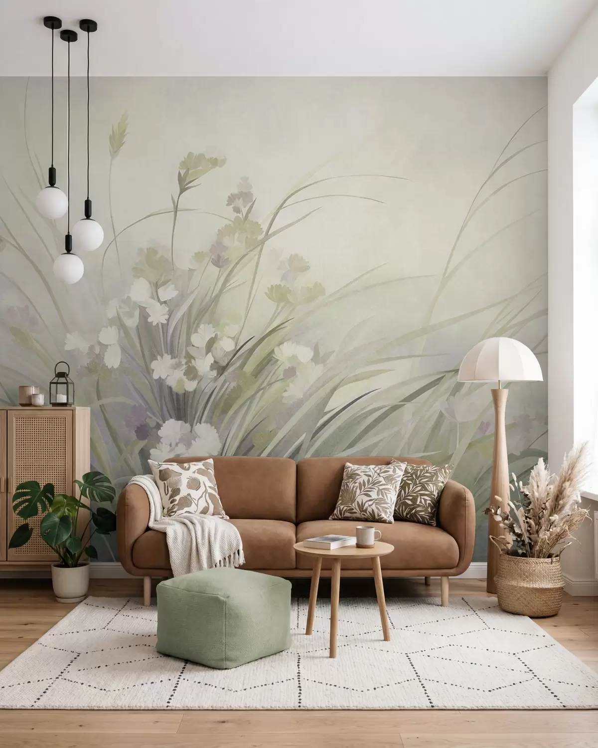 wall murals Висока трава и дивље цвеће у меким зеленим бојама, текстурирана уметност w10062v1
