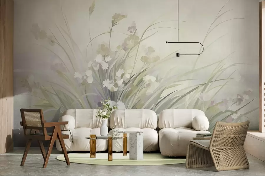 wall murals Висока трава и дивље цвеће у меким зеленим бојама, текстурирана уметност w10062v1