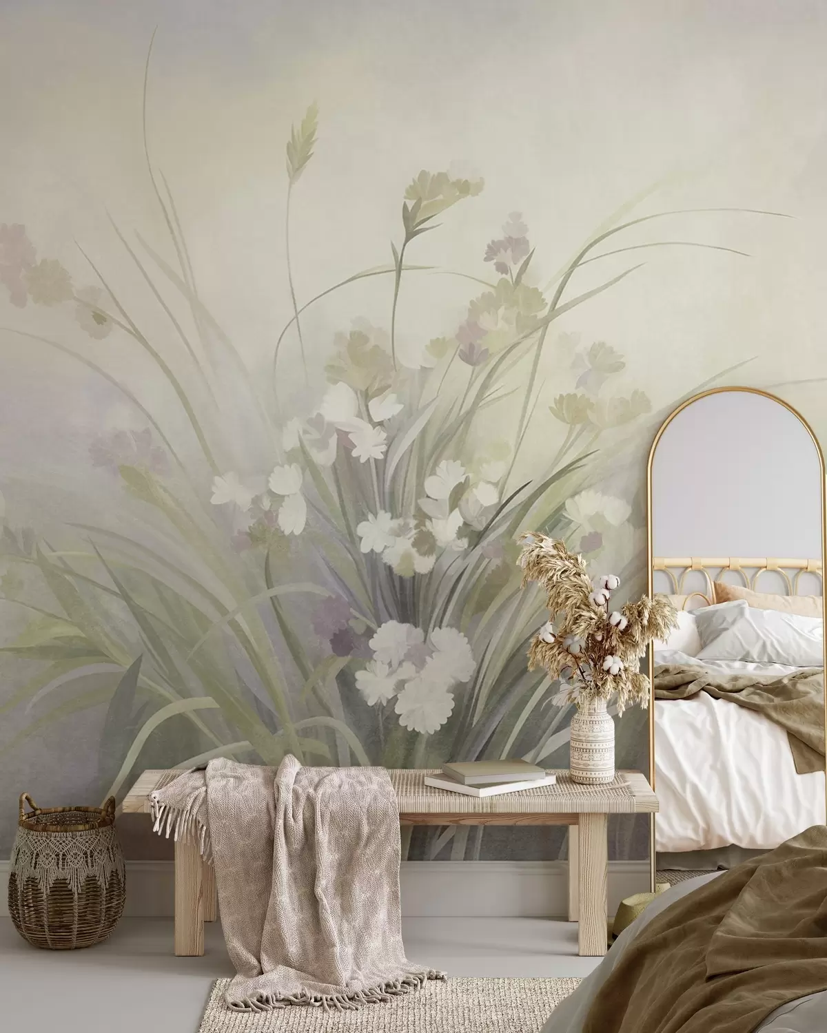 wall murals Висока трава и дивље цвеће у меким зеленим бојама, текстурирана уметност w10062v1