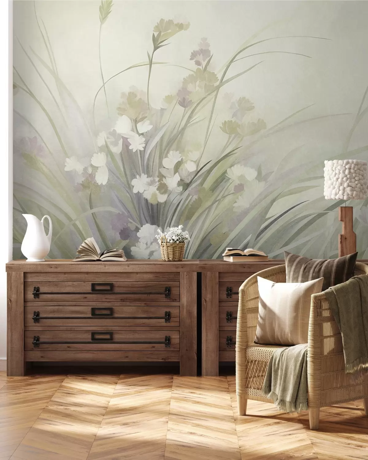 wall murals Висока трава и дивље цвеће у меким зеленим бојама, текстурирана уметност w10062v1