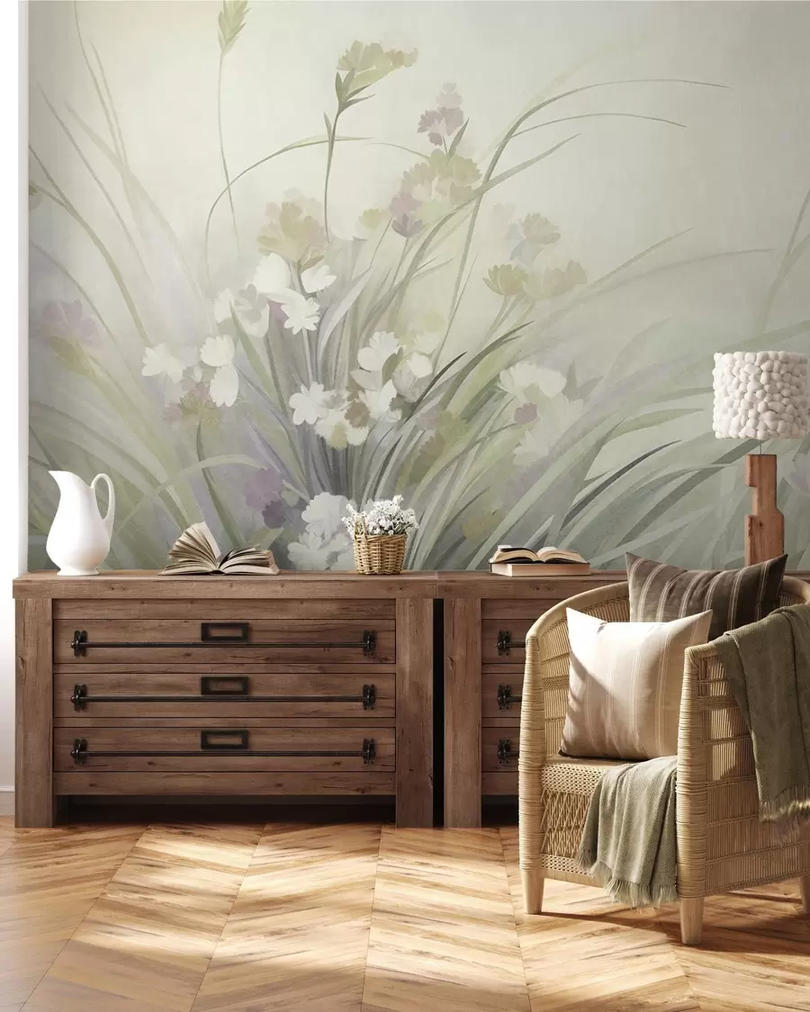 wall murals Висока трава и дивље цвеће у меким зеленим бојама, текстурирана уметност w10062v1
