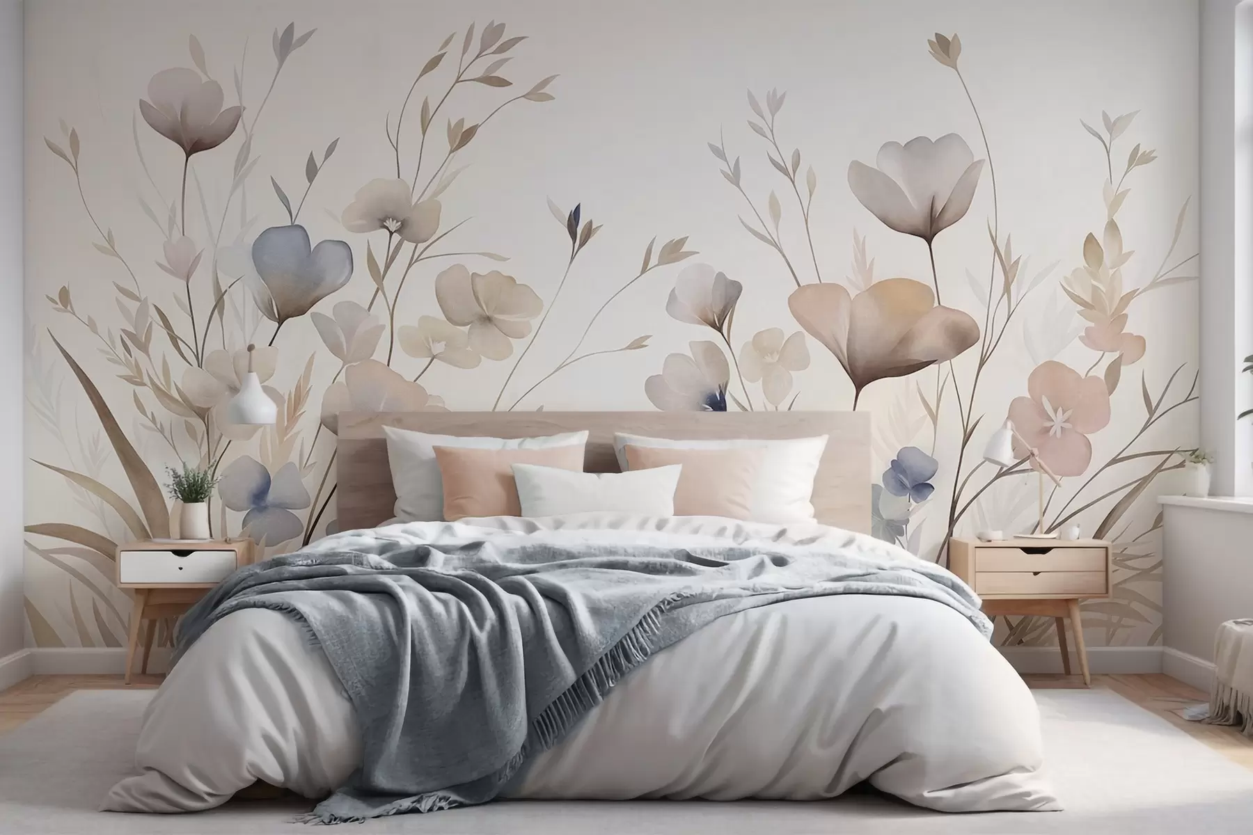 wall murals Нежно дивље цвеће у пастелним нијансама плаве, ружичасте и беж са високом травом w10065