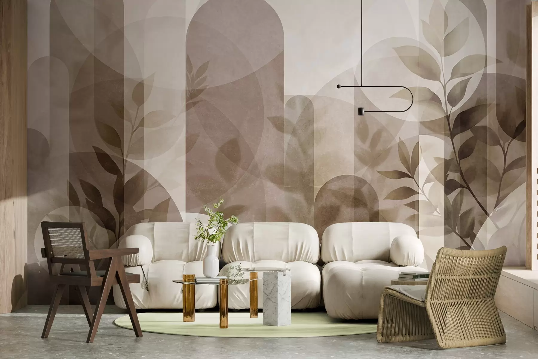 wall murals Апстрактни геометријски елементи и нежно лишће у пригушеној смеђој и беж боји w10088