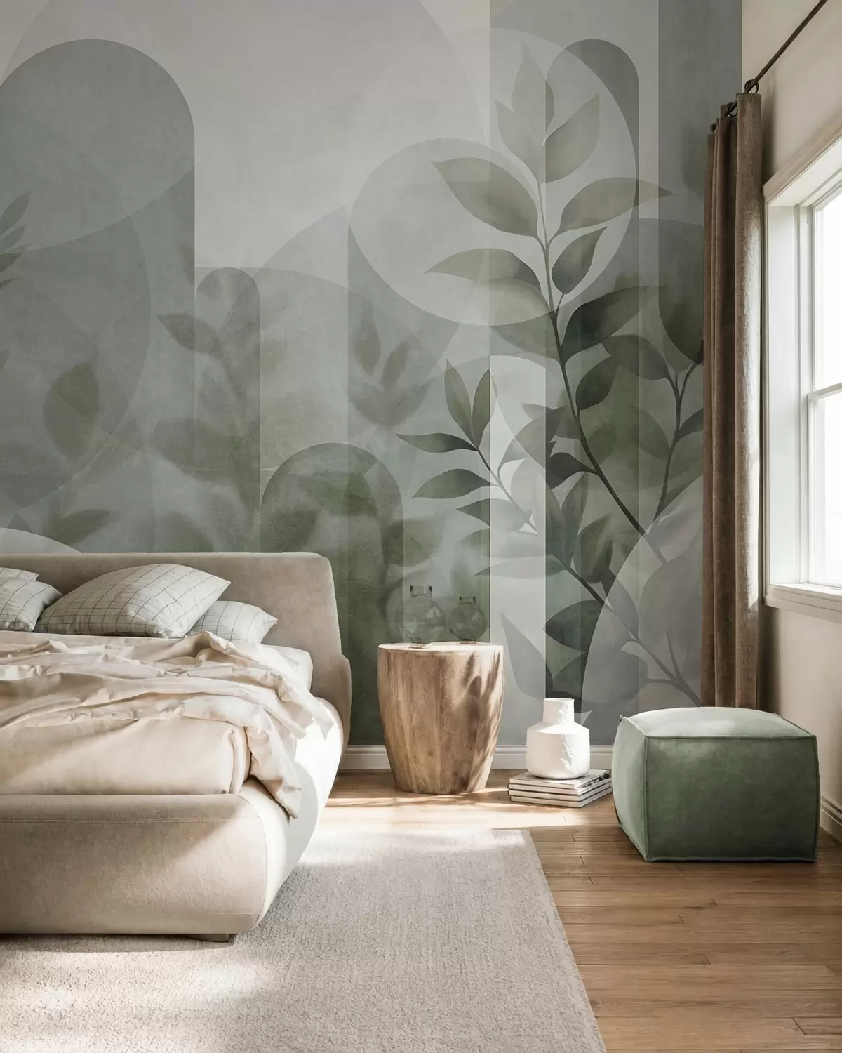wall murals Апстрактни геометријски елементи и нежно лишће у пригушеној зеленој боји w10088v1