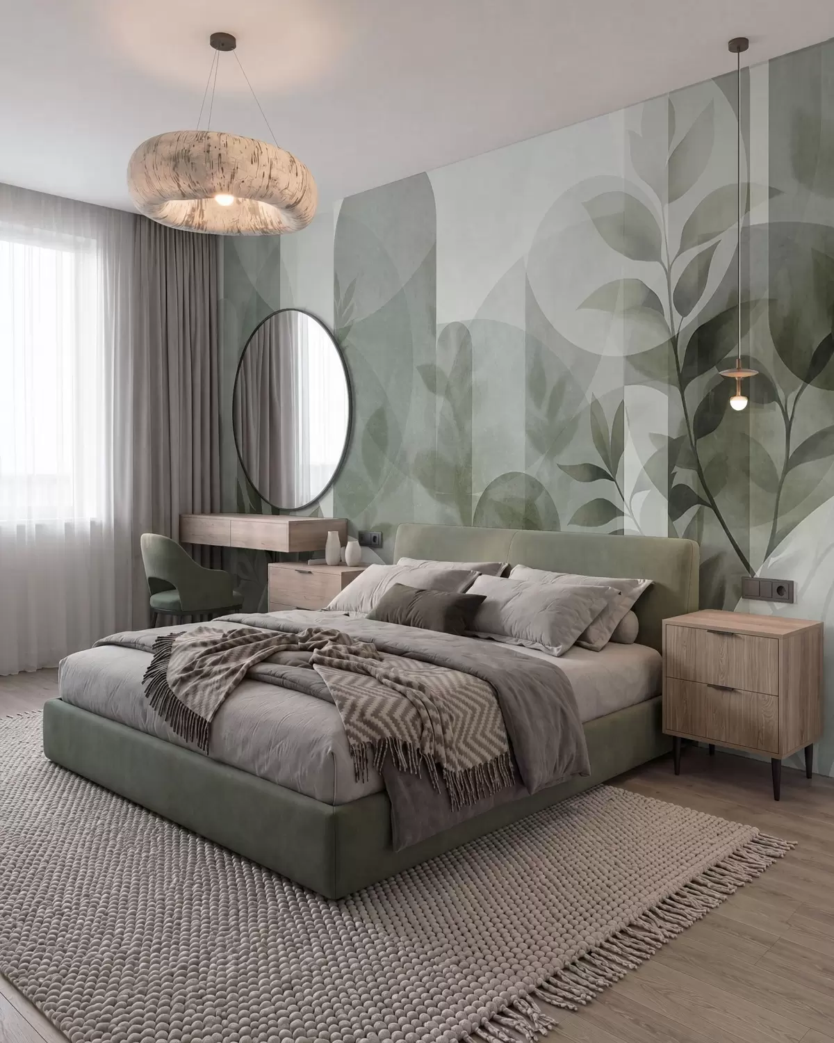 wall murals Апстрактни геометријски елементи и нежно лишће у пригушеној зеленој боји w10088v1