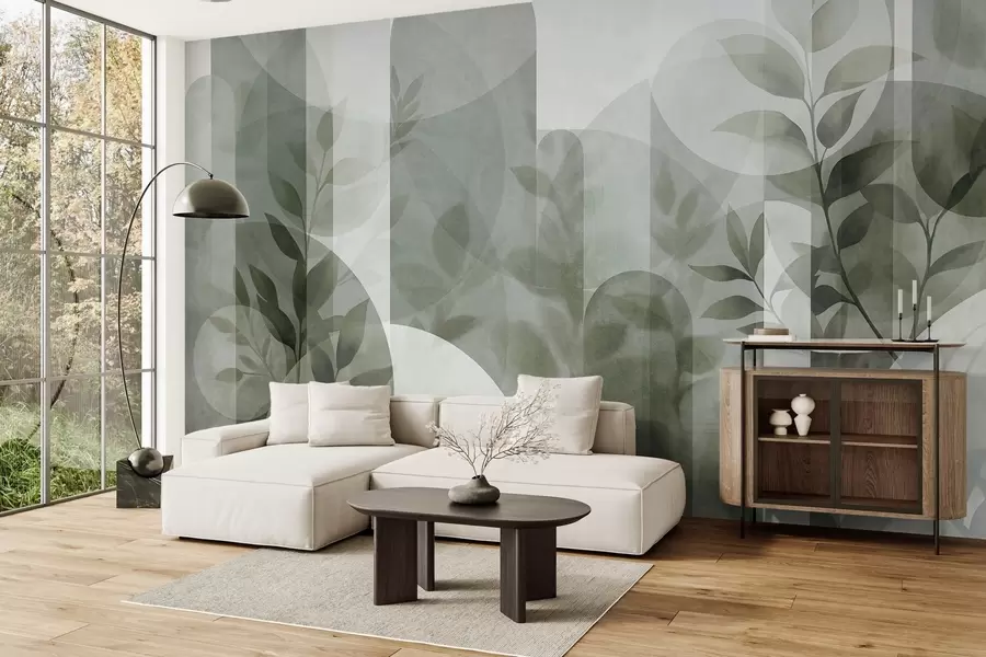 wall murals Апстрактни геометријски елементи и нежно лишће у пригушеној зеленој боји w10088v1