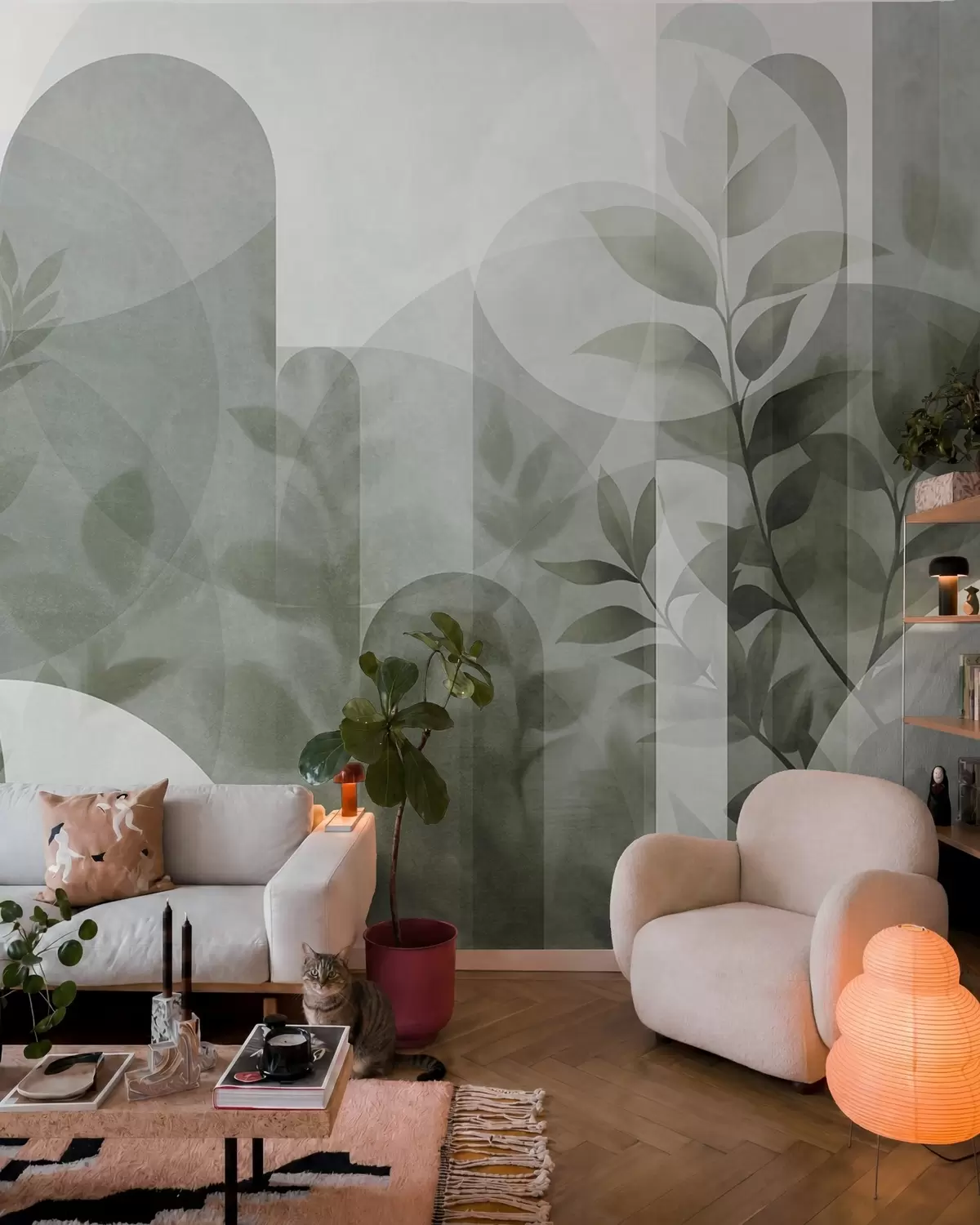 wall murals Апстрактни геометријски елементи и нежно лишће у пригушеној зеленој боји w10088v1