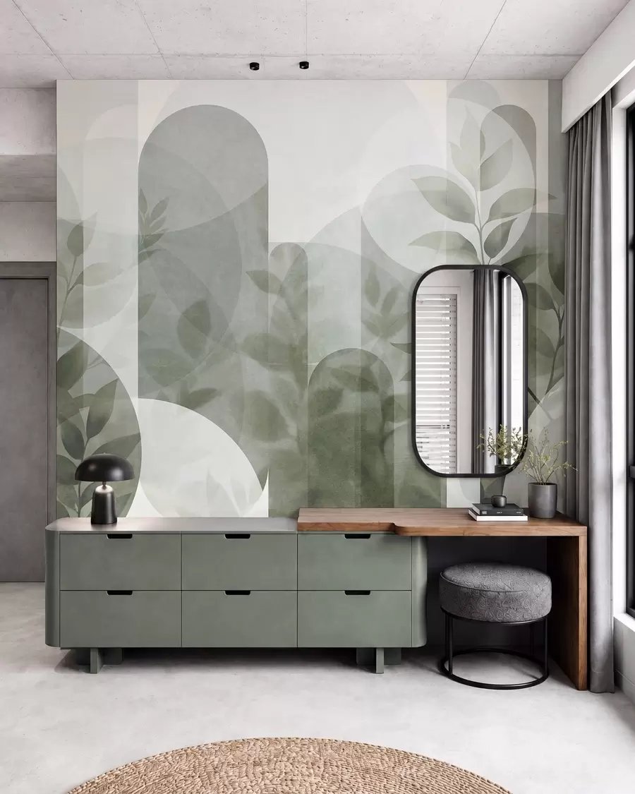 wall murals Апстрактни геометријски елементи и нежно лишће у пригушеној зеленој боји w10088v1