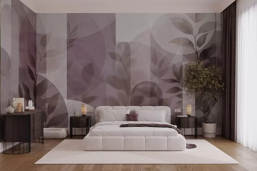 wall murals Апстрактни геометријски елементи и нежно лишће у пригушеној ружичастој боји w10088v2